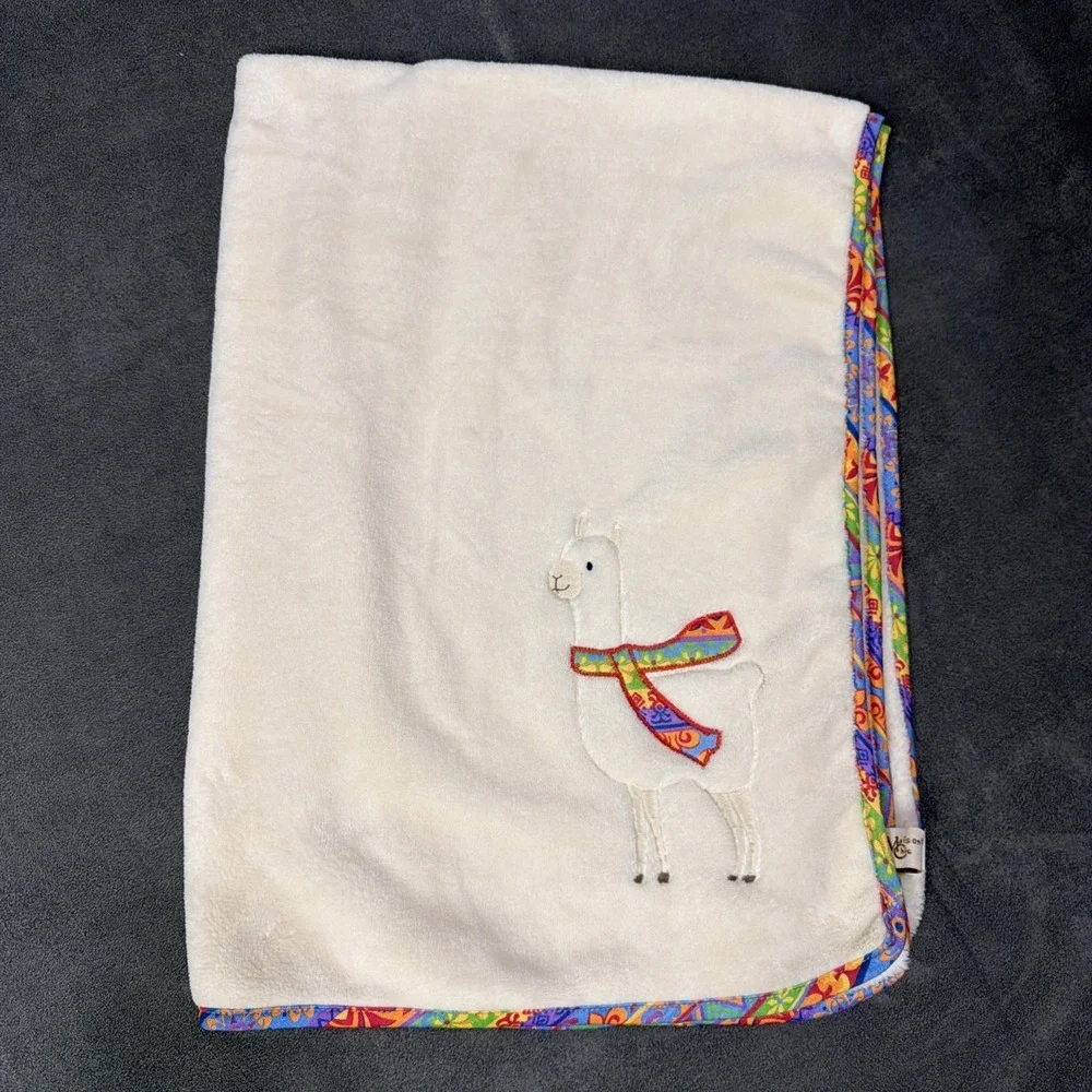 Maison Chic Cream Fuzzy Llama Baby Blanket With Multi Colored Trim